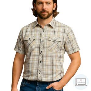 ExOfficio Mens Mix'R Snap Shirt Short Sleeve Coffee Plaid Zip Pocket Size L